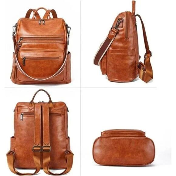 𝅺New Backpack Purse Vegan Leather with Tassel Retro, 1-Oil Wax Brown - Picture 6 of 7